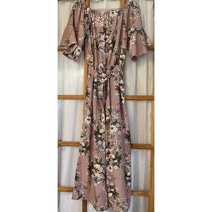 Wide Leg Belted Floral Jumpsuit M Mauve White Off The Shoulder Party City